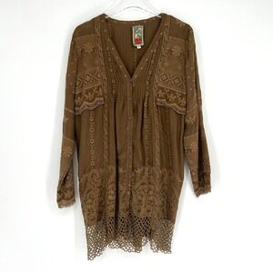 Johnny Was Tunic Top Women S Brown Embroidered Boho Floral Hippie Indie Festival